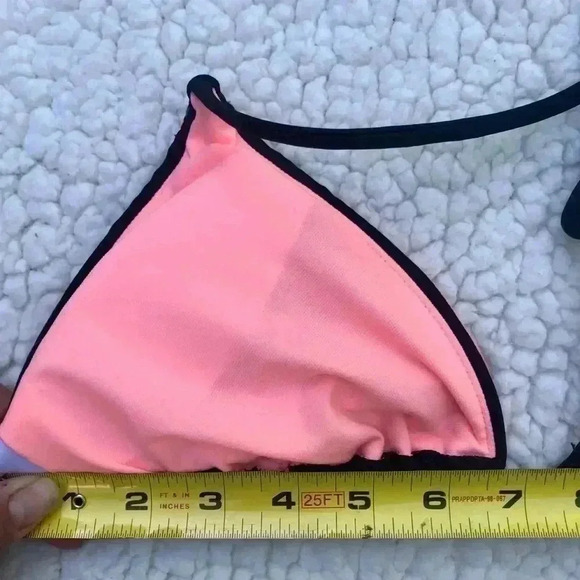 Black Color Embroidered Accent Spaghetti Strap Pink Lined String Bikini Top (M) - Picture 8 of 8